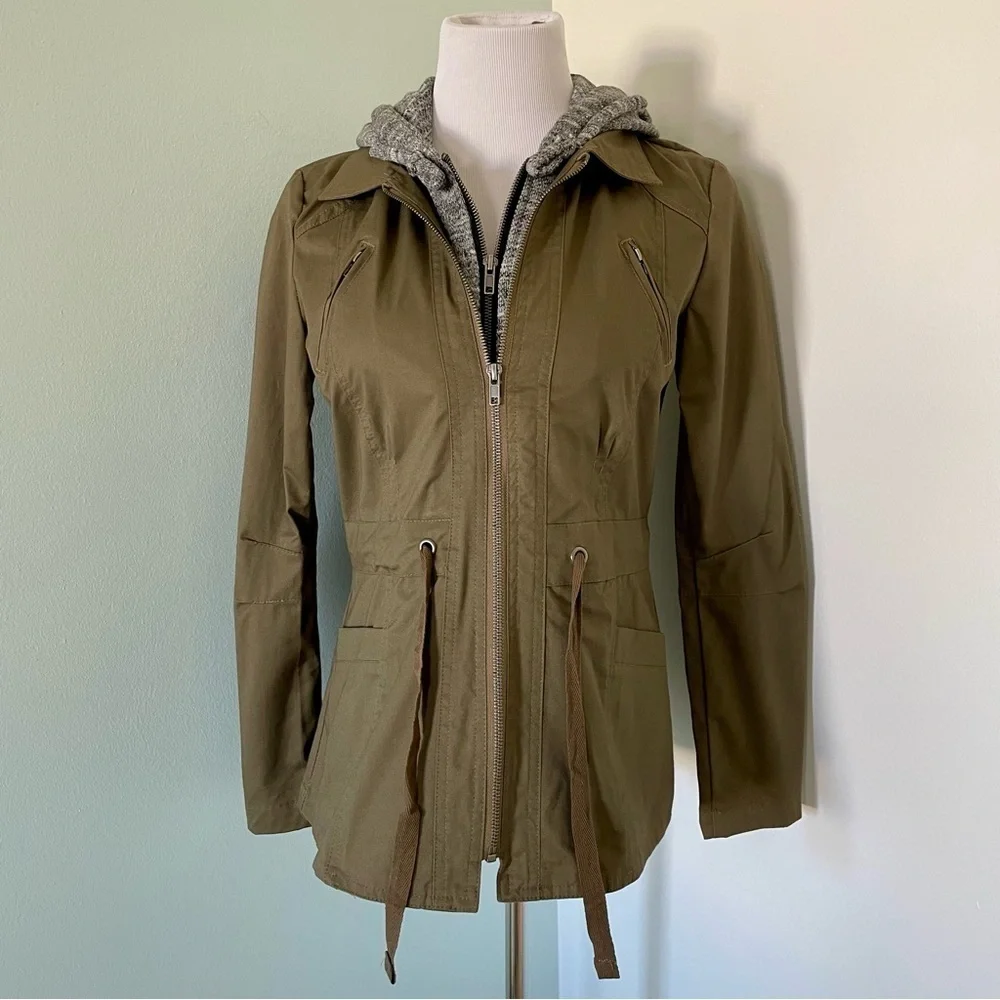 Love Tree Women’s Hooded Double Zip Army Green Utility Jacket Size Small - Picture 2 of 13